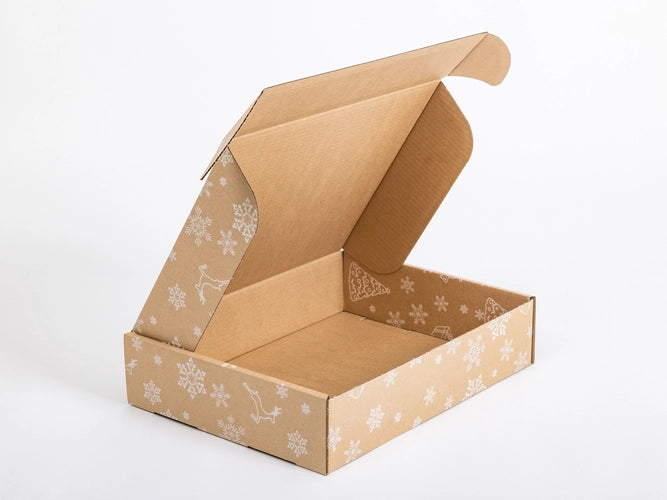 kerst verzenddoos, bruin, met witte sneeuwvlokken en rendieren, 400x300x90mm, enkelgolf B, 460g/m2,