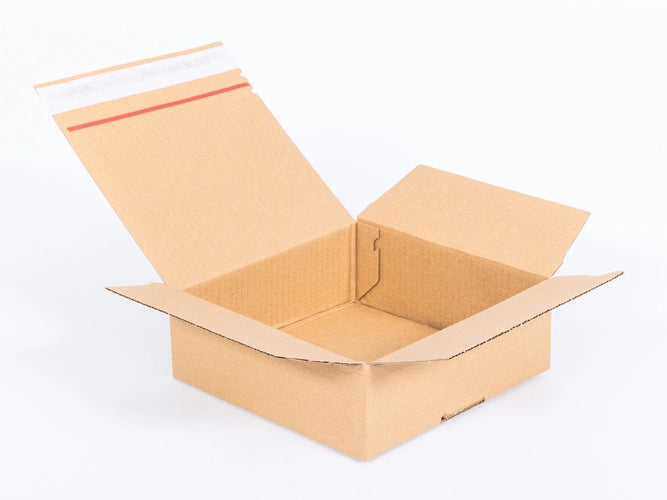 Kartonnen dozen met plakstrip en afscheurstrook 200x200x80mm enkelgolf B 320g/m2 bruin