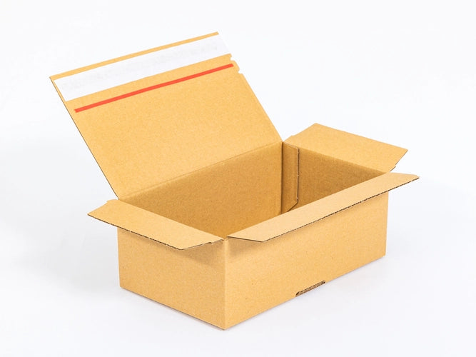 Kartonnen dozen met plakstrip en afscheurstrook 250x150x100mm enkelgolf B 320g/m2 bruin