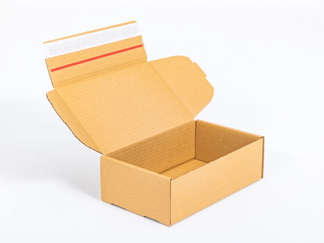 Kartonnen dozen met plakstrip en afscheurstrook 250x150x80mm enkelgolf B 320g/m2 bruin