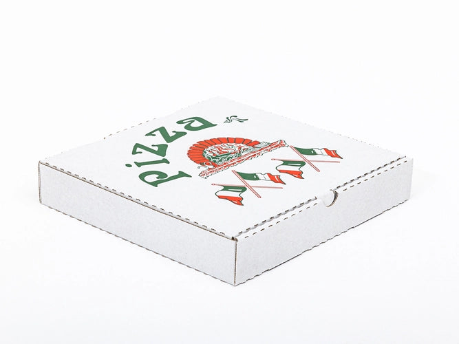 Pizzadoos met opdruk, 240x240x40 mm binnenmaat, enkelgolf E 420 g/m2, wit-wit