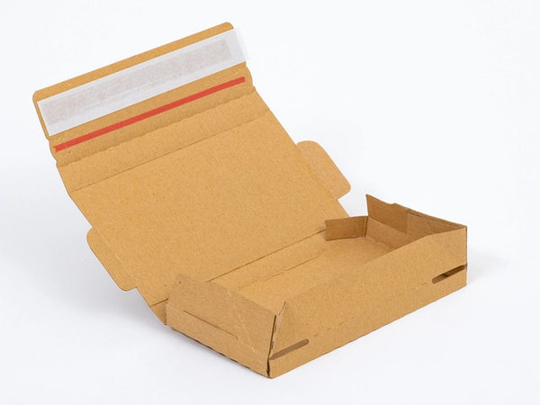 Kartonnen dozen met plakstrip en afscheurstrook 200x100x20mm enkelgolf E 310g/m2 bruin