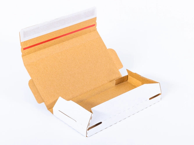 Kartonnen dozen met plakstrip en afscheurstrook 200x100x20mm enkelgolf E 350g/m2 Wit