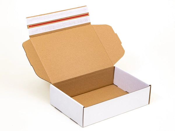 Kartonnen dozen met plakstrip en afscheurstrook 200x120x80mm enkelgolf B 360g/m2 Wit