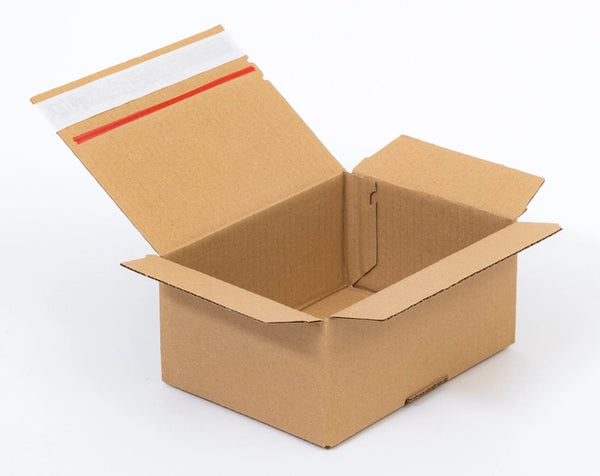 Kartonnen dozen met plakstrip en afscheurstrook 200x150x100mm enkelgolf B 320g/m2 bruin