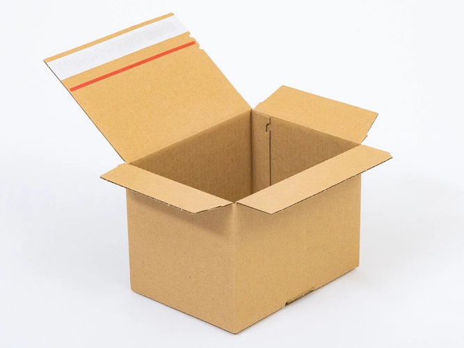 Kartonnen dozen met plakstrip en afscheurstrook 200x150x150mm enkelgolf B 380g/m2 bruin