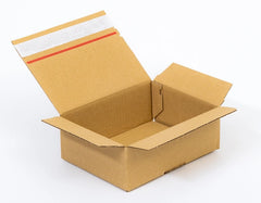 Kartonnen dozen met plakstrip en afscheurstrook 200x150x80mm enkelgolf B 380g/m2 bruin