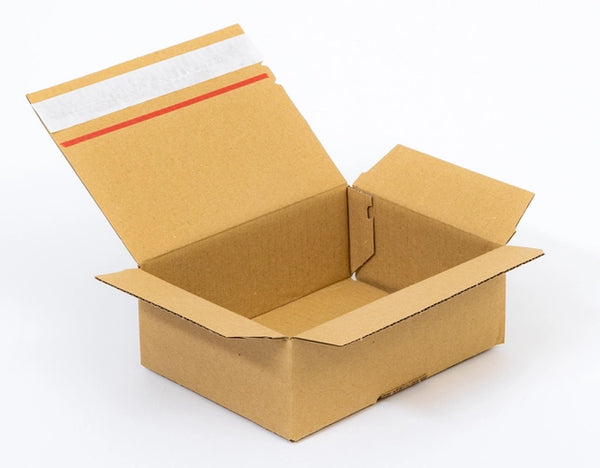Kartonnen dozen met plakstrip en afscheurstrook 200x150x80mm enkelgolf B 380g/m2 bruin
