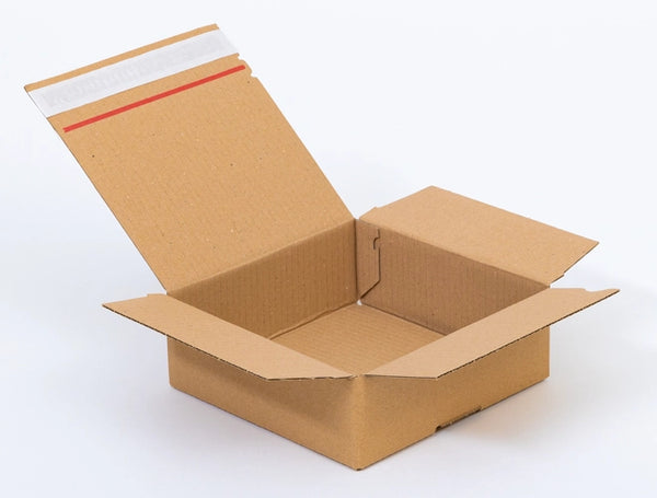 Kartonnen dozen met plakstrip en afscheurstrip 200x200x80mm enkelgolf B 380g/m2 bruin