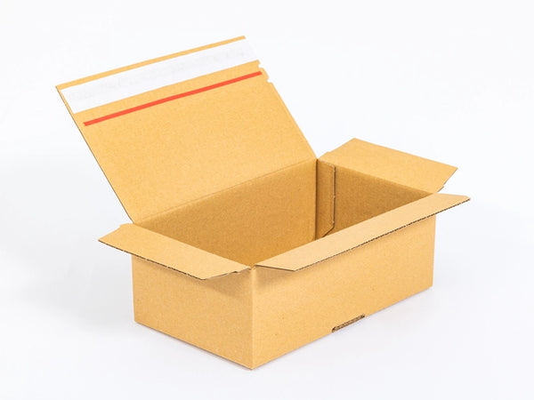 Kartonnen dozen met plakstrip en afscheurstrook 250x150x100mm enkelgolf B 320g/m2 bruin