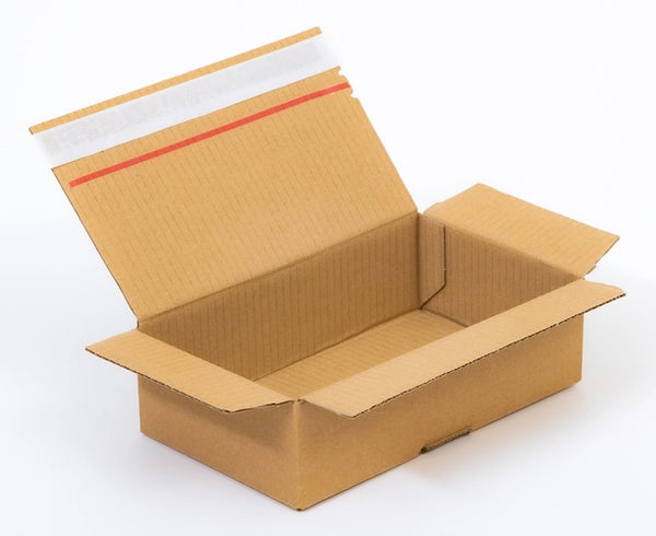 Kartonnen dozen met plakstrip en afscheurstrip 250x150x80mm enkelgolf B 380g/m2 bruin