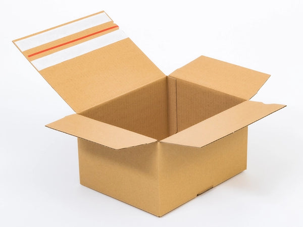Kartonnen dozen met plakstrip en afscheurstrook 250x200x150mm enkelgolf B 320g/m2 bruin