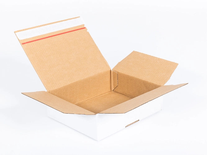 Kartonnen dozen met plakstrip en afscheurstrook 250x200x80mm enkelgolf B 360g/m2 Wit