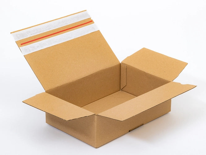 Kartonnen dozen met plakstrip en afscheurstrip 300x200x100mm enkelgolf B 380g/m2 bruin