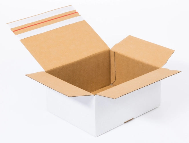 Kartonnen dozen met plakstrip en afscheurstrook 300x250x150mm enkelgolf B 360g/m2 Wit