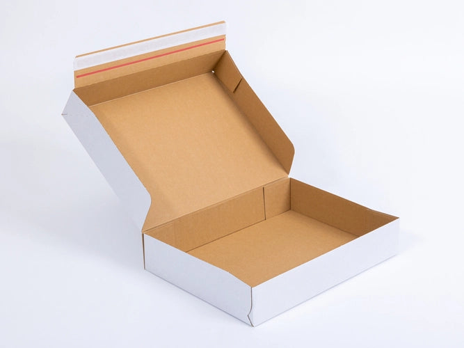 Kartonnen dozen met plakstrip en afscheurstrip 400x300x80mm enkelgolf E 350g/m2 Wit