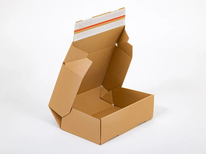 Vouwdoos met dubbele plakstrip en scheurstrip 300x200x100mm enkelgolfs 340g/m2 bruin