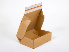 Kartonnen dozen met dubbelzijdige plakstrip en afscheurstrip 350x250x80mm enkelgolf E 340g/m2 bruin