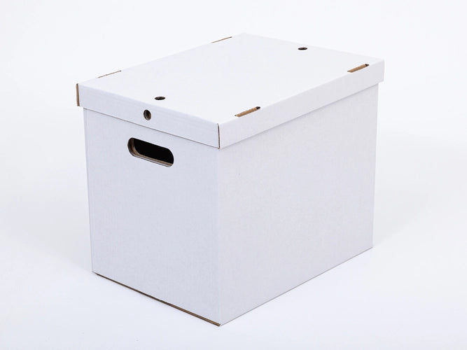 Kartonnen dozen met handvatten 400x300x330mm enkelgolf B 450g/m2 Witte bodem + deksel