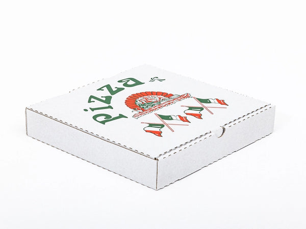 Pizzadoos met opdruk, 240x240x40 mm binnenmaat, enkelgolf E 420 g/m2, wit-wit