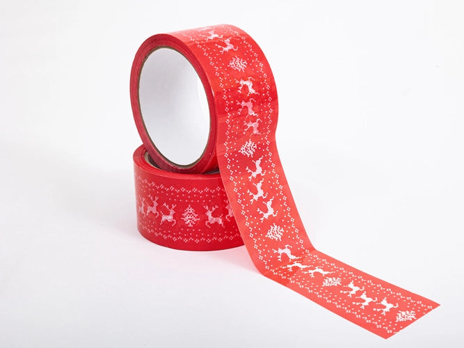 Hot-melt tape kerst rood met witte rendieren en kerstbomen 50mm/50m 6 stuks