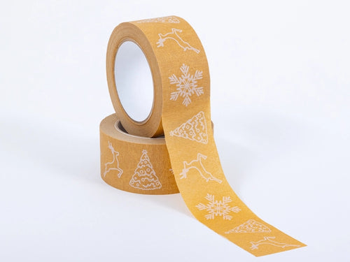 Kerstpapier KRAFT tape, bruin met witte opdruk, rendieren en kerstbomen, 50 mm/50 m, set van 2