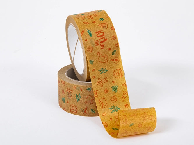 Kerstpapieren kraftlint, bruin, met kleurrijke kerstprint, 50 mm/40 m, set van 2